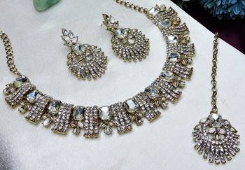 White yellow gold premium designer american diamond and stone work necklace set 2
