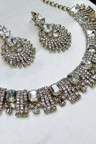 White yellow gold premium designer american diamond and stone work necklace set