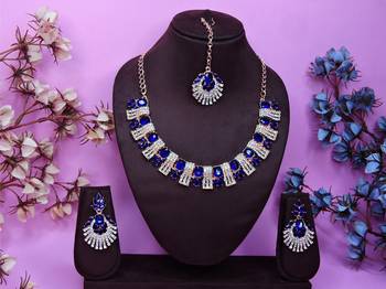 Blue rose gold premium designer american diamond and stone work necklace set 1