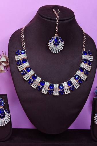 Blue rose gold premium designer american diamond and stone work necklace set
