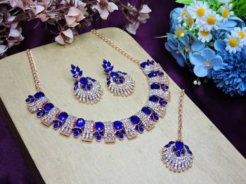 Blue rose gold premium designer american diamond and stone work necklace set 2