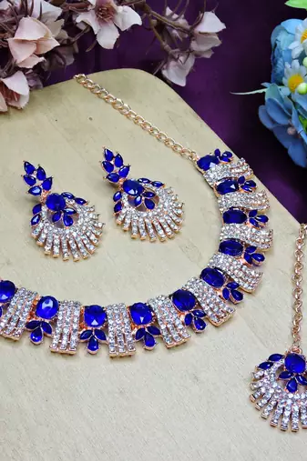Blue rose gold premium designer american diamond and stone work necklace set