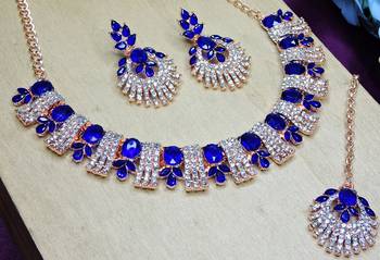Blue rose gold premium designer american diamond and stone work necklace set 3