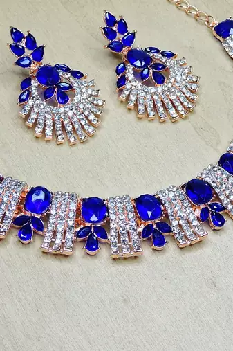 Blue rose gold premium designer american diamond and stone work necklace set