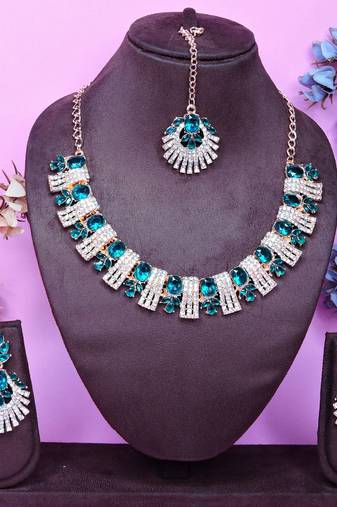 Green rose gold premium designer american diamond and stone work necklace set
