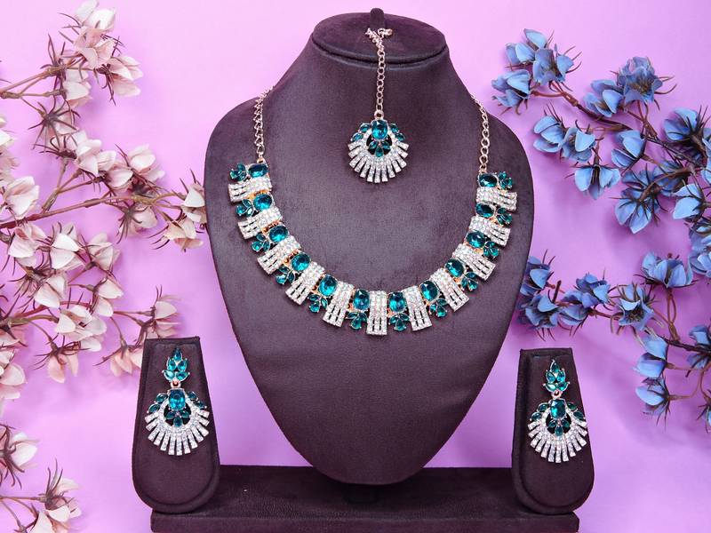 Green rose gold premium designer american diamond and stone work necklace set