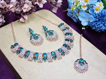 Green rose gold premium designer american diamond and stone work necklace set 2