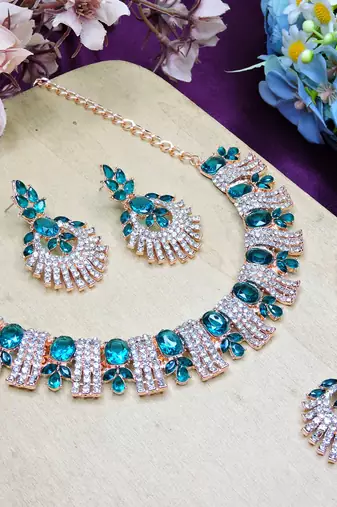Green rose gold premium designer american diamond and stone work necklace set