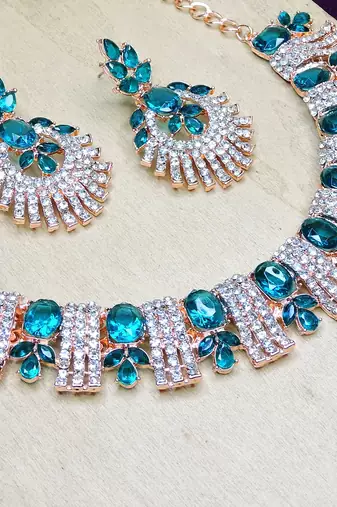Green rose gold premium designer american diamond and stone work necklace set
