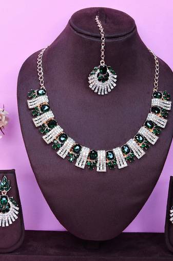 Green rose gold premium designer american diamond and stone work necklace set