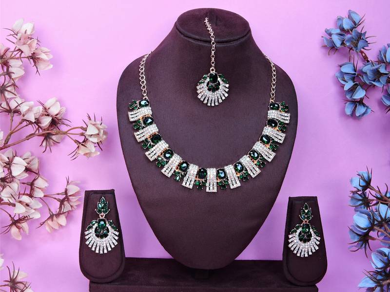 Green rose gold premium designer american diamond and stone work necklace set