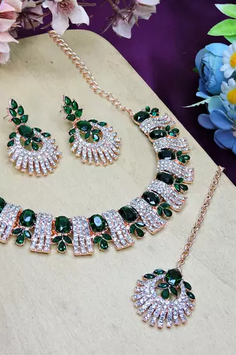 Green rose gold premium designer american diamond and stone work necklace set