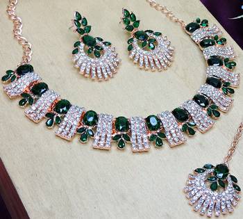 Green rose gold premium designer american diamond and stone work necklace set 3