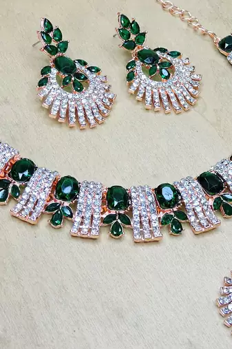 Green rose gold premium designer american diamond and stone work necklace set