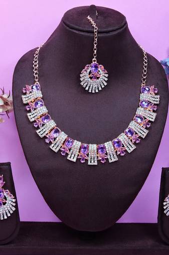Purple rose gold premium designer american diamond and stone work necklace set