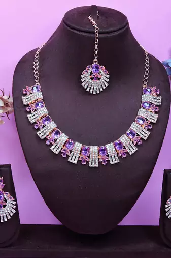 Purple rose gold premium designer american diamond and stone work necklace set