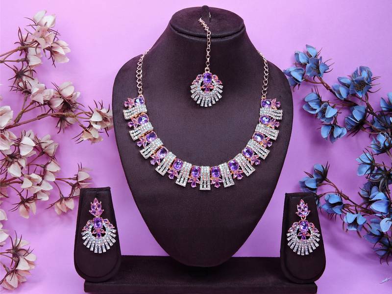 Purple rose gold premium designer american diamond and stone work necklace set