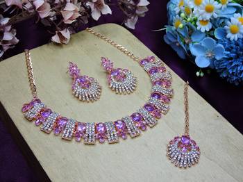 Purple rose gold premium designer american diamond and stone work necklace set 2
