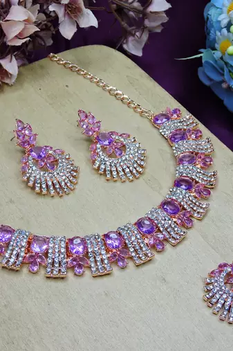 Purple rose gold premium designer american diamond and stone work necklace set
