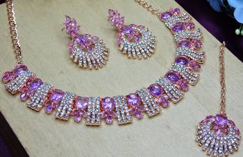 Purple rose gold premium designer american diamond and stone work necklace set 3