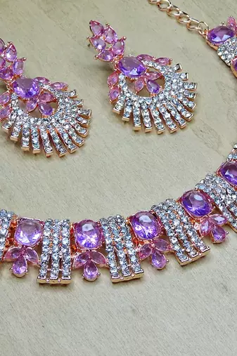 Purple rose gold premium designer american diamond and stone work necklace set