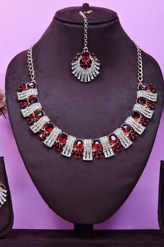 Maroon rose gold premium designer american diamond and stone work necklace set