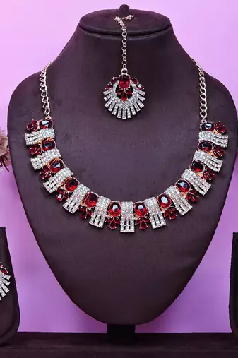Maroon rose gold premium designer american diamond and stone work necklace set