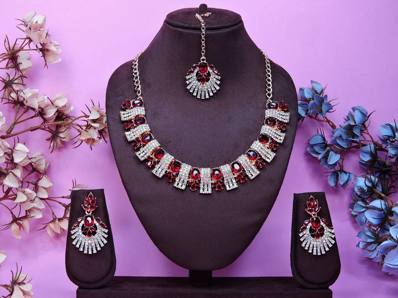 Maroon rose gold premium designer american diamond and stone work necklace set