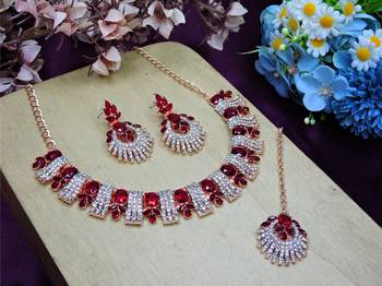Maroon rose gold premium designer american diamond and stone work necklace set 2