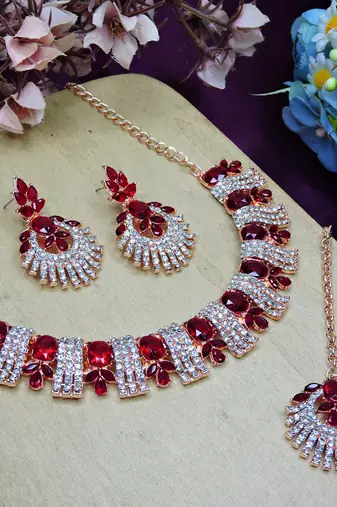 Maroon rose gold premium designer american diamond and stone work necklace set