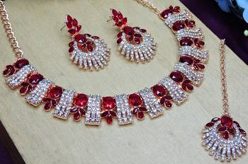Maroon rose gold premium designer american diamond and stone work necklace set 3