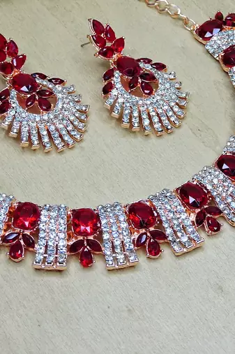 Maroon rose gold premium designer american diamond and stone work necklace set