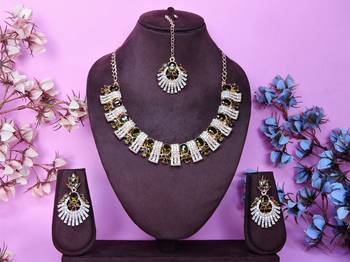 Green rose gold premium designer american diamond and stone work necklace set 1
