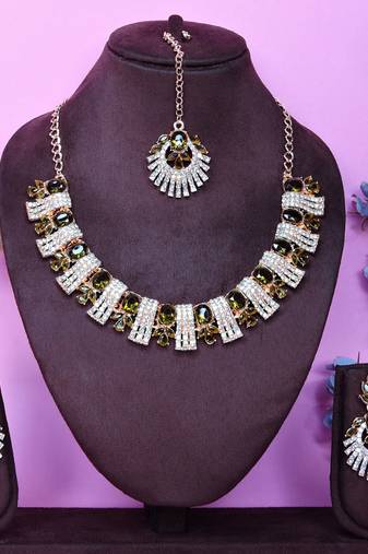 Green rose gold premium designer american diamond and stone work necklace set