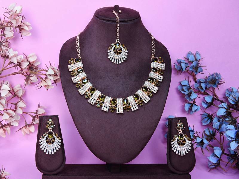 Green rose gold premium designer american diamond and stone work necklace set