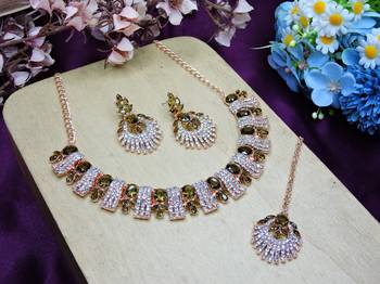 Green rose gold premium designer american diamond and stone work necklace set 2