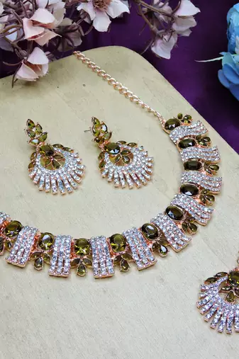 Green rose gold premium designer american diamond and stone work necklace set