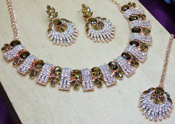 Green rose gold premium designer american diamond and stone work necklace set 3