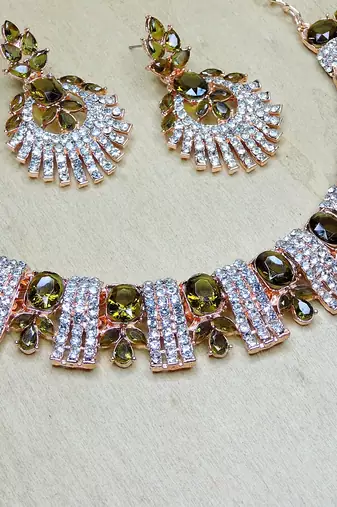 Green rose gold premium designer american diamond and stone work necklace set
