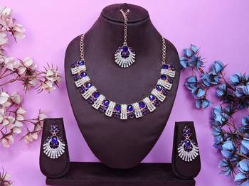 Blue rose gold premium designer american diamond and stone work necklace set 1