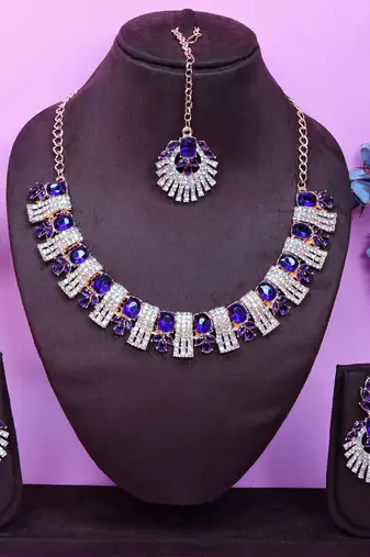 Blue rose gold premium designer american diamond and stone work necklace set