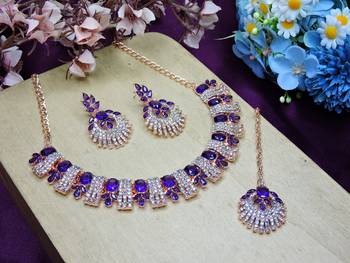 Blue rose gold premium designer american diamond and stone work necklace set 2