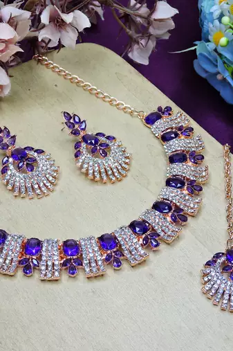 Blue rose gold premium designer american diamond and stone work necklace set