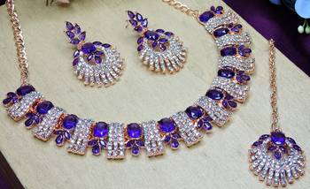 Blue rose gold premium designer american diamond and stone work necklace set 3