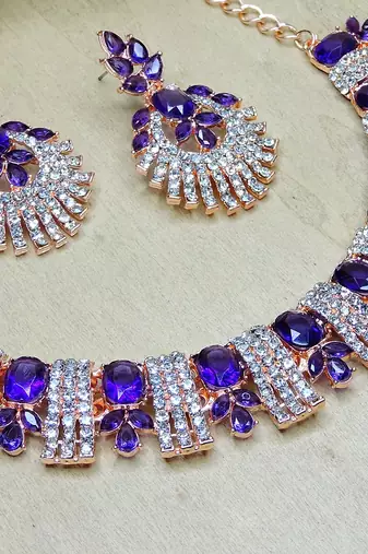 Blue rose gold premium designer american diamond and stone work necklace set