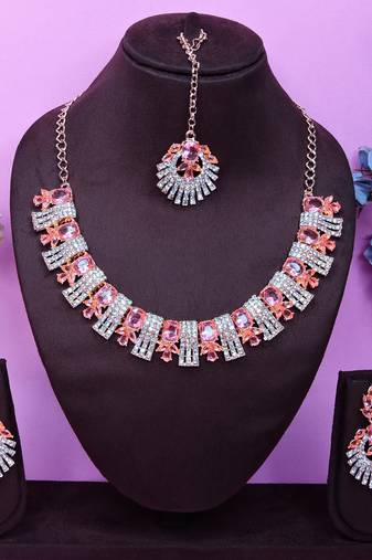 Pink rose gold premium designer american diamond and stone work necklace set