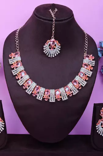 Pink rose gold premium designer american diamond and stone work necklace set