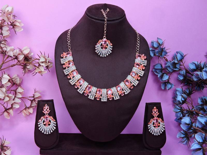 Pink rose gold premium designer american diamond and stone work necklace set