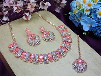 Pink rose gold premium designer american diamond and stone work necklace set 2