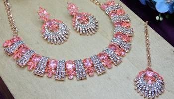 Pink rose gold premium designer american diamond and stone work necklace set 3